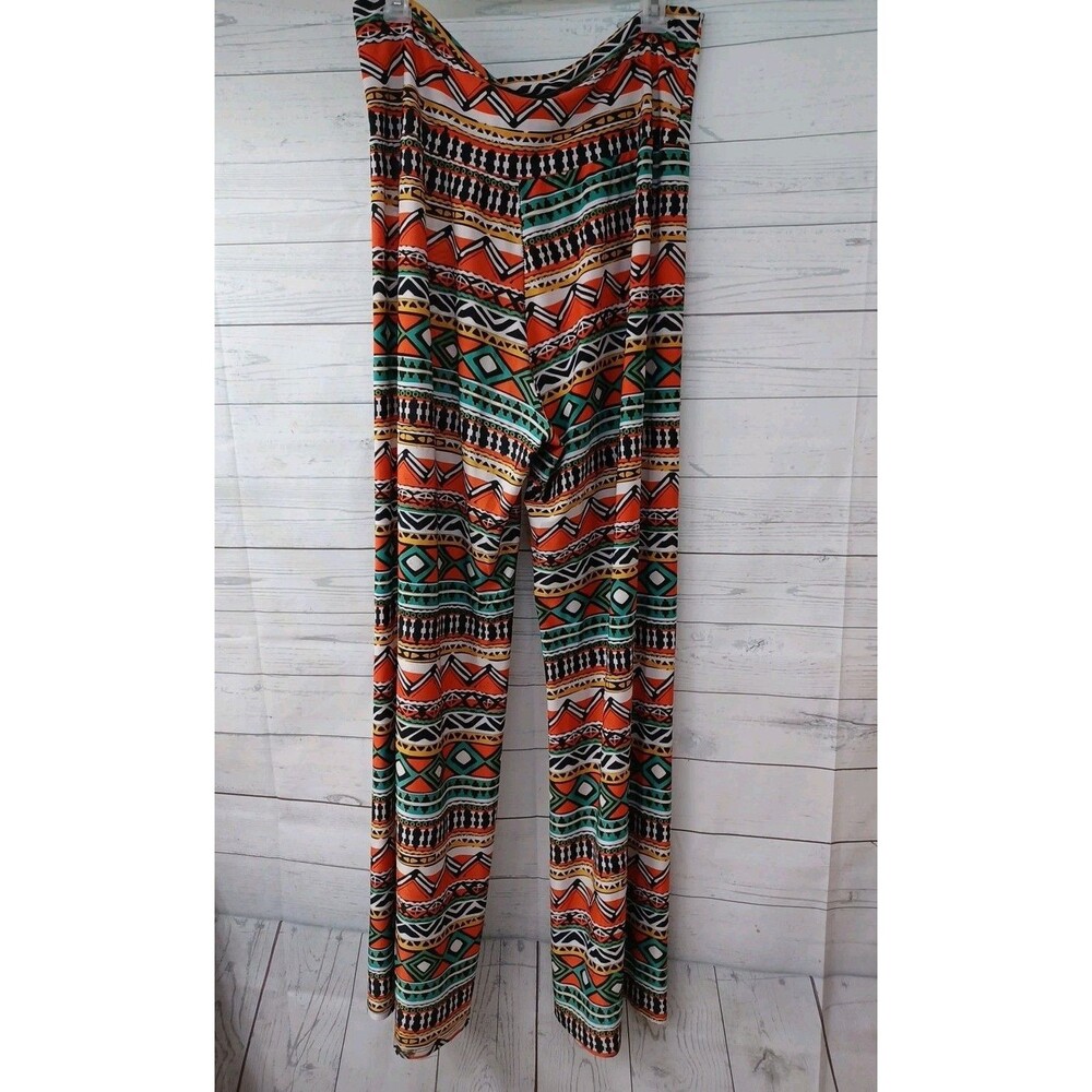 Superline Womens Wide Leg Palazzo Culotte Pants Geometric Red Green Stretch XL